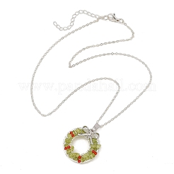 Transparent Glass and Natural Peridot Chip Wire Wrapped Pendant Brass Cable Chain Necklaces&nbsp;NJEW-TA00274