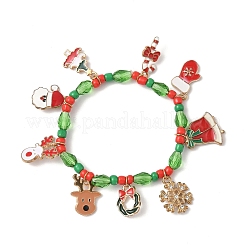 クリスマス合金エナメルチャームブレスレット  女性用プラスチックとガラスのシードビーズストレッチブレスレット  ライトゴールド  内径：1-3/4インチ（4.5cm）&nbsp;LS-BJEW-B155-01A-KCG