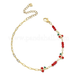 Brass Enamel Red Cherry Link and Paperclip Chain Anklets for Women&nbsp;AJEW-AN00815