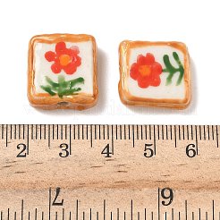 手作りの陶器ビーズ  手描きの陶器ビーズ  花の正方形  エナメル  レッドオレンジ  18~19x16~18x6~7mm  穴：1.2~1.8mm&nbsp;PORC-C008-03A
