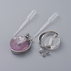 回転可能な天然水晶香水瓶ペンダント  304ステンレススチール製の金具とプラスチック製のピペット付き  長持ちメッキ  フラットラウンド  ステンレス鋼色  48x34x8.5~9mm  穴：6x3~3.5mm  容量：5ml（0.17液量オンス）&nbsp;G-M362-01P