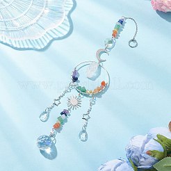 天然水晶ナゲットとガラスのティアドロップ型吊り下げサンキャッチャー  天然の宝石チップと真鍮の太陽と月のリンク付き  プラチナ＆ステンレス鋼色  300x50.5mm&nbsp;HJEW-JM04486
