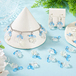 透明なガラスの花のペンダント30個と深いスカイブルーのアクリルの葉  鉄パーツ  プラチナ  透明  22mm&nbsp;PALLOY-TAC0241