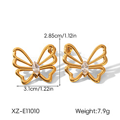 女性用304ステンレススチール製クリアキュービックジルコニアスタッドピアス  蝶  ゴールドカラー  28.5x31mm&nbsp;WGAC3BC-01