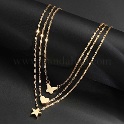 3Pcs 3 Styles Alloy Star/Heart/Butterfly Pendant Dapped Chain Necklaces Sets for Women&nbsp;PW-WGED6D9-01