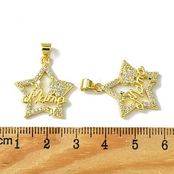 母の日 本物の 18K ゴールドメッキ真鍮マイクロパヴェクリアキュービックジルコニアペンダント  カドミウムフリー＆ニッケルフリー＆鉛フリー  ワードママ  スター  23x21x2.5mm  穴：5x3.5mm&nbsp;KK-H472-09G-02