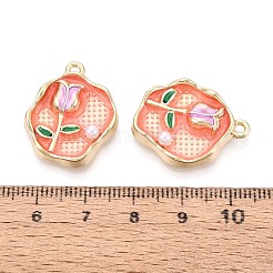 ラックメッキ合金エナメルとABS模造真珠ペンダント  花のチャームが付いたナゲット  カドミウムフリー＆ニッケルフリー＆鉛フリー  ゴールドカラー  ライトサーモン  25x20x4.5mm  穴：1.8mm&nbsp;ENAM-T024-83A-G