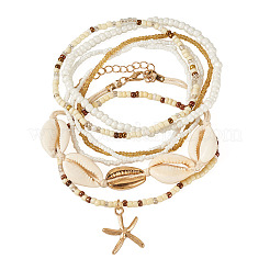 2 Bags Summer Beach Glass Seed Beaded & Natural Shell & Alloy Starfish Charm Anklet Sets&nbsp;AJEW-TA0003-69F
