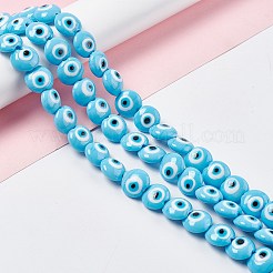 手作りナザールボンジュウランプワークビーズ連売り  フラットラウンド  ディープスカイブルー  14~15.5x8mm  穴：1~1.4mm  約24個/連  12.60インチ（32cm）&nbsp;LAMP-G157-01C