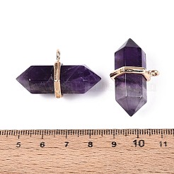 天然アメジスト ダブル ターミナル ポインテッド ペンダント  合金製の金具が付いたファセット加工の弾丸型チャーム  ゴールドカラー  20~21x34.5~36x17~18mm  穴：3mm&nbsp;G-N345-09D