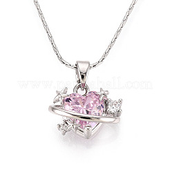 Brass Cubic Zirconia Heart Planet Pendant 304 Stainless Steel Chain Necklaces&nbsp;NJEW-T018-06P