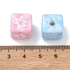 彫刻された不透明なアクリル製ヨーロピアンビーズ  手描きの大きな穴のビーズ  花を持つキューブ  ミックスカラー  14x14x14mm  穴：4mm&nbsp;AC-CBA1172-01