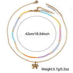 304 Stainless Steel Pendant Colorful Glass Beaded Double Layer Necklaces for Daily Wear&nbsp;WG8061-2