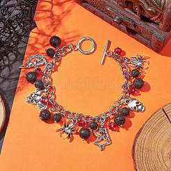 Halloween Natural Lava Rock and Glass Cable Chains Charm Bracelets&nbsp;BJEW-TA00476