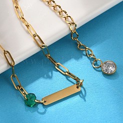 304ステンレススチールペーパークリップチェーンブレスレット  女性用・男性用長方形リンクブレスレット  キュービックジルコニア付き  18KGP本金メッキ  グリーン  6-3/8インチ（16.1cm）&nbsp;BJEW-A035-04G-03