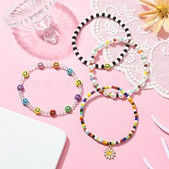 4 個 4 スタイル天然パール & スマイルフェイスアクリル & ガラスシードストレッチブレスレットセット  合金エナメルフラワーチャームスタッカブルブレスレット女性用  ミックスカラー  内径：2-3/8インチ（6cm）  1個/スタイル&nbsp;BJEW-TA00238