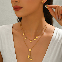 French Style Stainless Steel Butterfly Double Layer Necklace & Stud Earrings Sets for Women&nbsp;BP7503