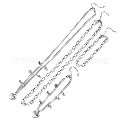 ハート型304ステンレススチール製ダブルネックレス＆ブレスレットセット（女性用）  ステンレス鋼色  465mm&nbsp;SJEW-F226-03P