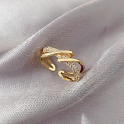 Brass Micro Pave Clear Cubic Zirconia Cuff Rings for Women&nbsp;FS-WG930D0-01