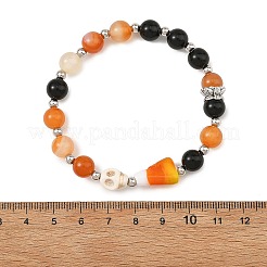 Halloween Handmade Lampwork Candy Corn & Round Natural Carnelian & Dyed Synthetic Turquoise Skull Beaded Stretch Bracelets&nbsp;BJEW-TA00756