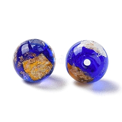 手作りのゴールド＆シルバーの箔ランプワークビーズ  ラウンド  ブルー  10~10.5mm  穴：1.6~1.8mm  約40個/連  14.57インチ（37cm）&nbsp;GLAA-G107-07B-04