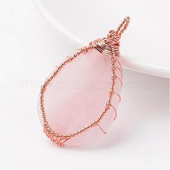 天然石ローズクォーツペンダント  ティアドロップ  ローズゴールドトーン真鍮パーツ  48~55x30~32x10~12mm  穴：4~7x8~12mm&nbsp;G-K122-03RG