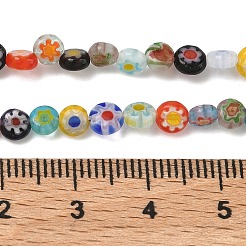 ハンドメイドミッレフィオーリガラスフラットラウンドビーズ連売り  シングルフラワーデザイン  ミックスカラー  4.5x2mm  穴：1mm  約96個/連  15.04''（38.2センチメートル）&nbsp;LK-P010-A-04