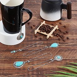 チベットスタイルの合金、合成ターコイズワイングラスチャーム付き  真鍮アズキチェーン付き  ティアドロップ＆オーバル＆フラットラウンド  アンティークシルバー＆プラチナ  247~265mm  4style  2個/スタイル  8個/セット&nbsp;AJEW-AB00023