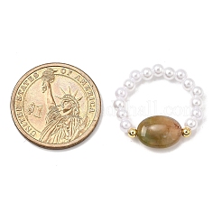 女性用天然インディアンアゲートストレッチリング  卵形  アブソリュートプラスチック模造パール  10~10.5mm  usサイズ[12]（8mm）〜usサイズ1/2 18.5（12mm）&nbsp;RJEW-JR00911