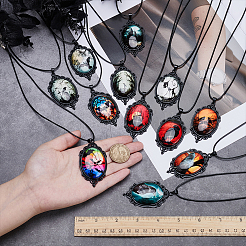 ゴシック亜鉛合金＆ガラスオーバルペンダントブラックPUレザーコードネックレス12個12色  ミックスカラー  17.80インチ（45.2cm）  1pc /カラー&nbsp;NJEW-WR0001-08