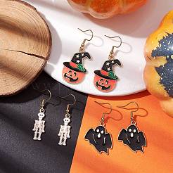 3ペア 3スタイル ハロウィン 合金 エナメル ダングル イヤリング  女性用304ステンレススチールイヤリング  ミックスカラー  41.5~47x10~21mm  1ペア/スタイル&nbsp;EJEW-JE05823
