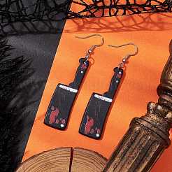 ハロウィーンプリントのアクリルダングルイヤリング  鉄のピアスフック  ナイフチャーム  プラチナ  ブラック  70x15mm&nbsp;EJEW-JE06124-03