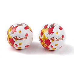 秋プリント天然木ヨーロピアンビーズ  大穴ビーズ  カエデの葉の模様とラウンド  レッド  19.5mm  穴：4.5mm&nbsp;WOOD-C015-04