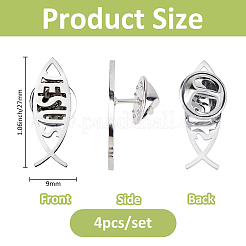 304ステンレススチール製ラペルピンバック（衣類・バックパック用）4個  イエスの魚  プラチナ  27x9mm&nbsp;JEWB-FH0002-11P