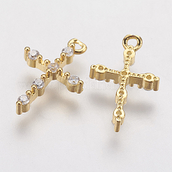 真鍮製マイクロパヴェキュービックジルコニア小さなクロスチャーム  ゴールドカラー  13.5x9x2.5mm  穴：1mm&nbsp;LS-ZIRC-G133-07G