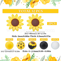 食品グレードの環境に優しいシリコーンビーズ  ひまわり/丸  ミックスカラー  14.5~40x9.5~15mm  穴：2~2.2mm  52個/箱&nbsp;SIL-SC0002-23