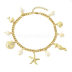 Ocean Natural Pearl & 304 Stainless Steel Starfish Sea Horse Shell Shape Charm Anklets for Women&nbsp;AJEW-AN00826-01