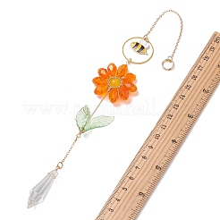 合金エナメルの蜂とガラスの花のクリスタルサンキャッチャー  天然および染色されたマレーシア産翡翠とプリズムファセットコーンの吊り下げオーナメント（窓辺や庭の装飾用）  オレンジ  275x35mm&nbsp;HJEW-TA00475-02