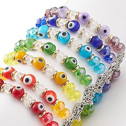 7個 7スタイル 7チャクラ アンティークシルバー合金リンクブレスレットセット  ランプワークのナザールボンジュウとガラス編みの調節可能なブレスレットセット（女性用）  本物の18K金メッキスペーサービーズ  ミックスカラー  内径：2~3-1/4インチ（5~8.4cm）  1個/スタイル&nbsp;BJEW-JB08883