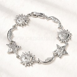 女性のための真鍮のリンクブレスレット  太陽と月と星  プラチナ  6-7/8インチ（17.6cm）&nbsp;LS-BJEW-C118-01P