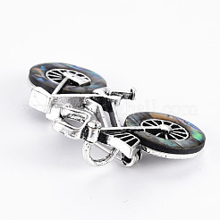自転車型ナチュラルアワビシェル/パウアシェルブローチピン  バックパック衣類用のラインストーンラペルピン付き合金  鉛フリー＆カドミウムフリー  アンティークシルバー  カラフル  34~35x50~52x10~12mm  穴：6x4mm  ピン：0.7mm&nbsp;G-N333-010B-RS