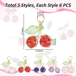 30Pcs 6 Styles Natural Lapis Lazuli & Carnelian & Rose Quartz & Amethyst & Synthetic Moonstone Round Copper Wire Wrapped Pendants&nbsp;PALLOY-GA00028