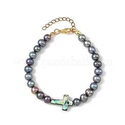 Dyed Natural Cultured Freshwater Pearl Round Beaded Bracelets with Religion Cross Natural Paua Shell for Women&nbsp;BJEW-JB14274
