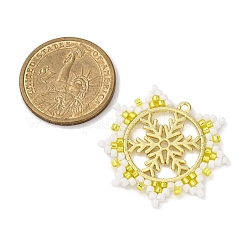 クリスマステーマのガラスシードビーズペンダント  金合金のペンダント付き  スノーフレーク  31x35x2mm  穴：1.6mm&nbsp;PALLOY-MZ00809-01