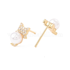 Cubic Zirconia Cat Stud Earrings with Acrylic Pearl&nbsp;EJEW-F282-47G