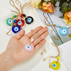 7Pcs 7 Colors Handmade Lampwork Flat Round Evil Eye with Wood Bead Pendant Decorations&nbsp;HJEW-FH00248