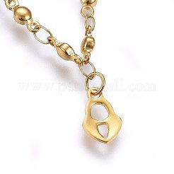 304ステンレススチールチャームブレスレット  カニカン付き  ハートロック  ゴールドカラー  8-1/4インチ（21cm）  3mm&nbsp;BJEW-H579-19G