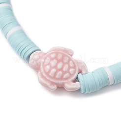 フラットラウンドい手作りポリマー粘土ヘイシビーズストレッチブレスレット  女性用スタッカブルブレスレット  合成ターコイズチップと磁器  カメ  内径：2-1/8インチ（5.4cm）  カメ：15x19x8mm&nbsp;BJEW-JB11711-02