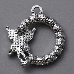 合金エナメルチャーム  ラインストーン付き  フラットラウンド、蝶のチャーム付き  プラチナ  ブラック  22x20x3mm  穴：2mm&nbsp;PALLOY-WH0112-03P-01