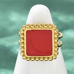 女性用スクエア304ステンレススチールエナメル指輪  イオンプレーティング（ip）  18KGP本金メッキ  レッド  スクエア：16x16mm  usサイズ6（16.5mm）&nbsp;RJEW-G355-06G-02